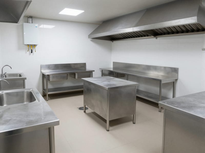 Cuisine professionnelle en inox : plans de travail, bacs de plonge et chauffe-eau mural
