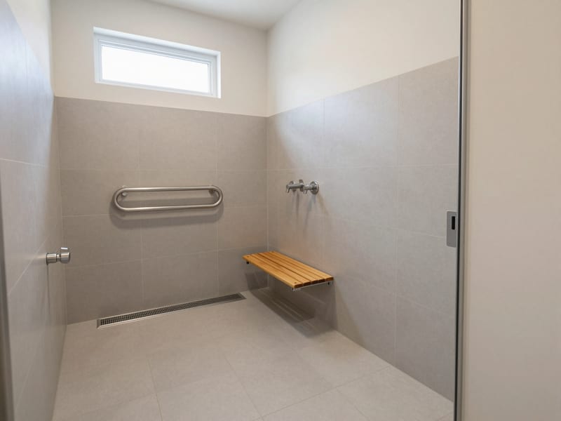 Douche de plain-pied avec barres d’appui et siège rabattable dans une salle d’eau adaptée